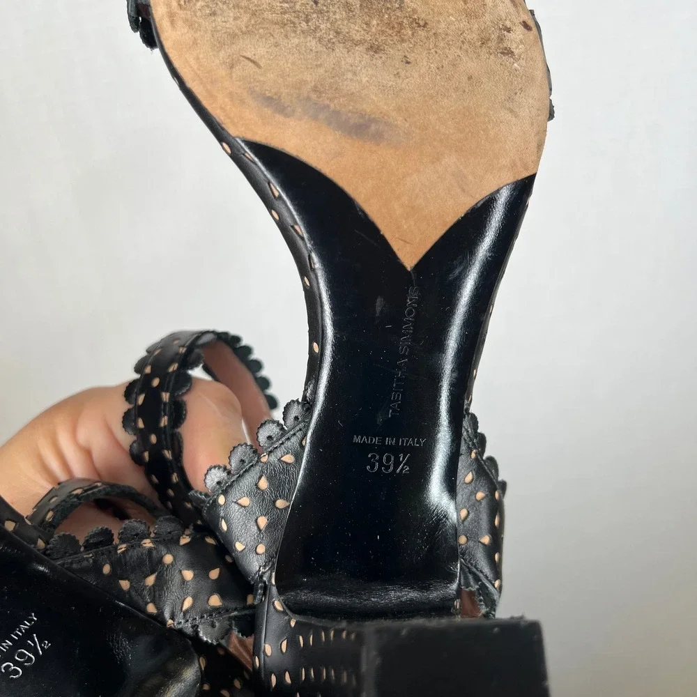 Tabitha Simmons Black Polka Dot‎ Leather Block Heel Sandals Scalloped Strap